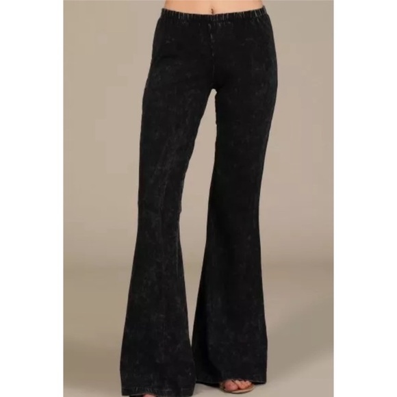 SOLD OUT Black Boho Mineral Wash Flared Stretch Pants - Picture 2 of 6